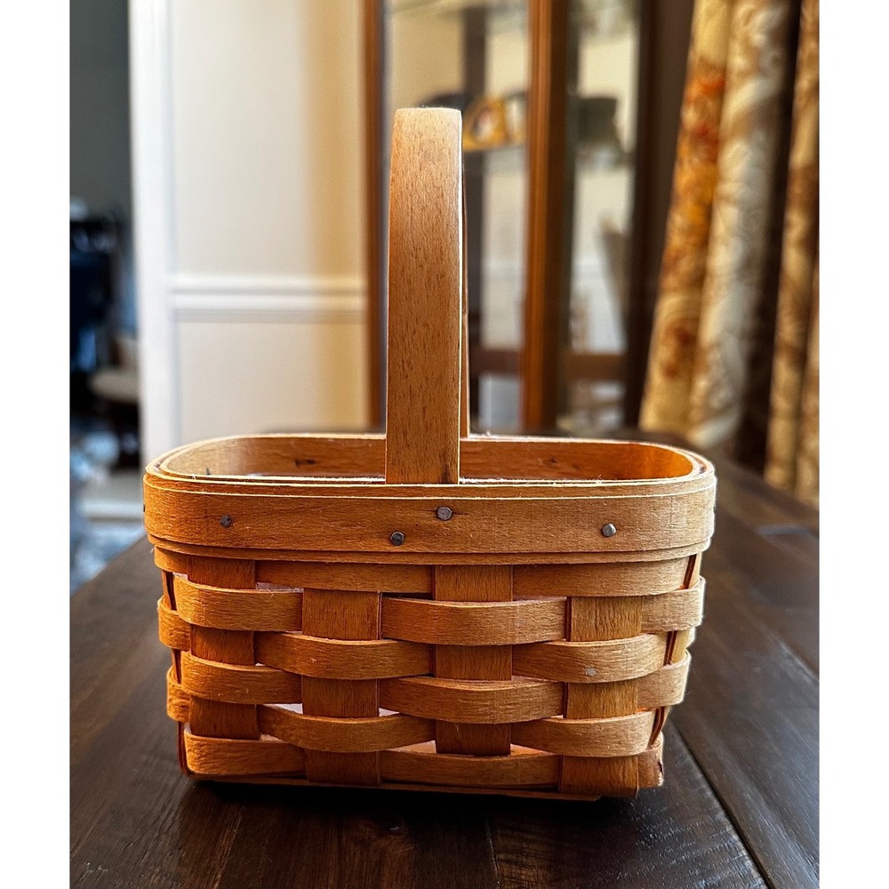 Longaberger Small Woven Wood Basket with Handle and Plastic Liner Honey Brown